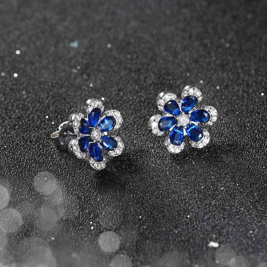 BLZ-4 925 Sterling Silver Created Sapphire Flower Pendant Necklace Earrings Set Wedding Gift