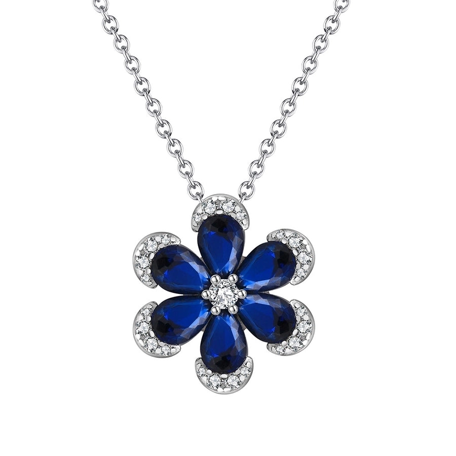 BLZ-4 925 Sterling Silver Created Sapphire Flower Pendant Necklace Earrings Set Wedding Gift