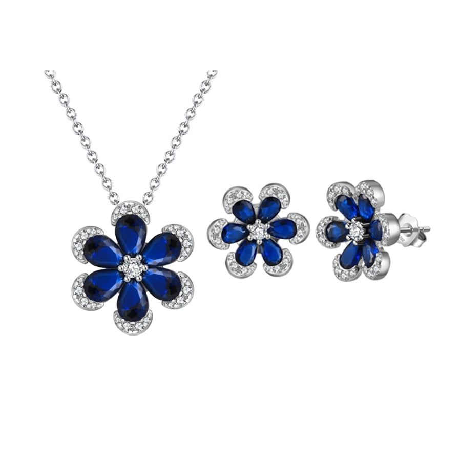 BLZ-4 925 Sterling Silver Created Sapphire Flower Pendant Necklace Earrings Set Wedding Gift