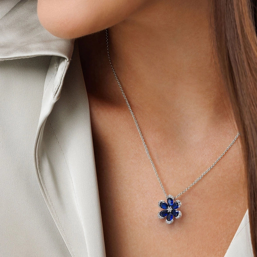 BLZ-4 925 Sterling Silver Created Sapphire Flower Pendant Necklace Earrings Set Wedding Gift