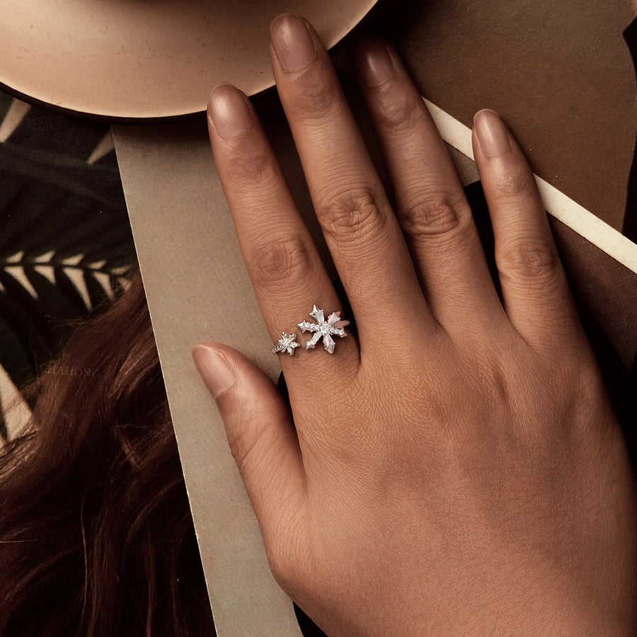 White Gold Plated 925 Sterling Silver Glass Zircon Snowflake Rings