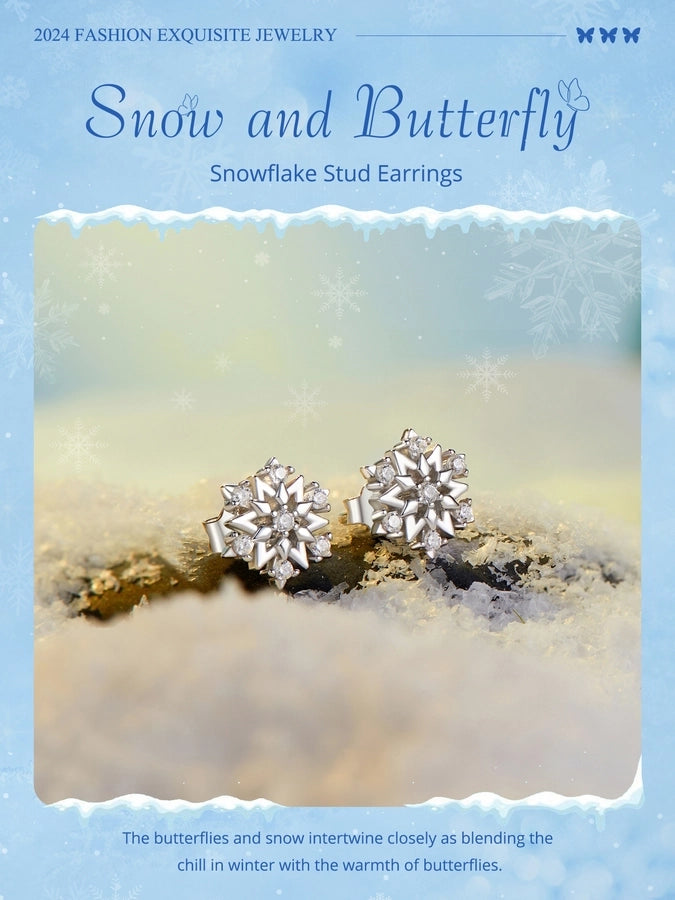 1 Pair White Gold Plated 925 Sterling Silver Zircon Snowflake Ear Studs