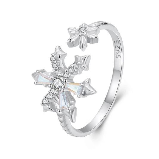 White Gold Plated 925 Sterling Silver Glass Zircon Snowflake Rings