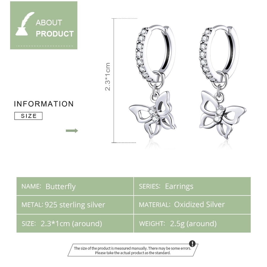 1 Pair 925 Sterling Silver Zircon Butterfly Drop Earrings