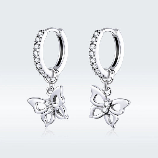 1 Pair 925 Sterling Silver Zircon Butterfly Drop Earrings