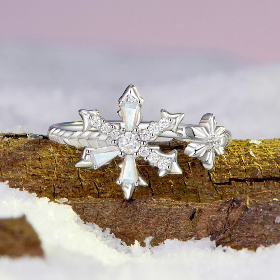 White Gold Plated 925 Sterling Silver Glass Zircon Snowflake Rings