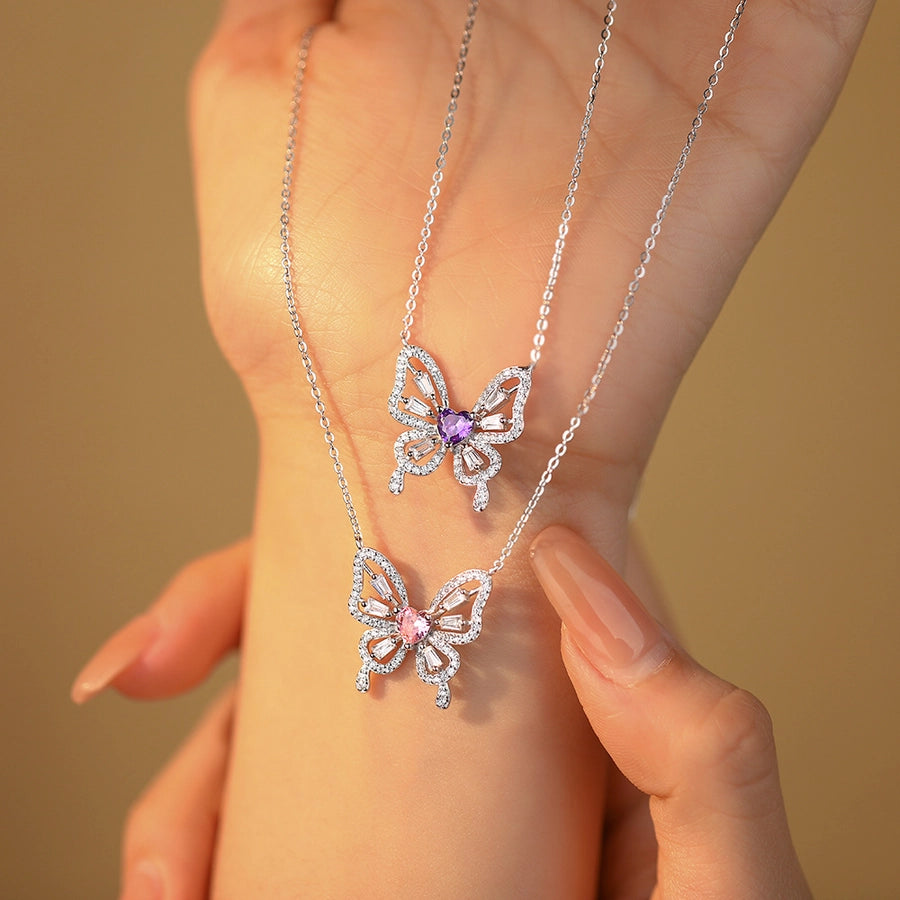 925 Sterling Silver Zircon cable chain Plating Butterfly Pendant Necklace