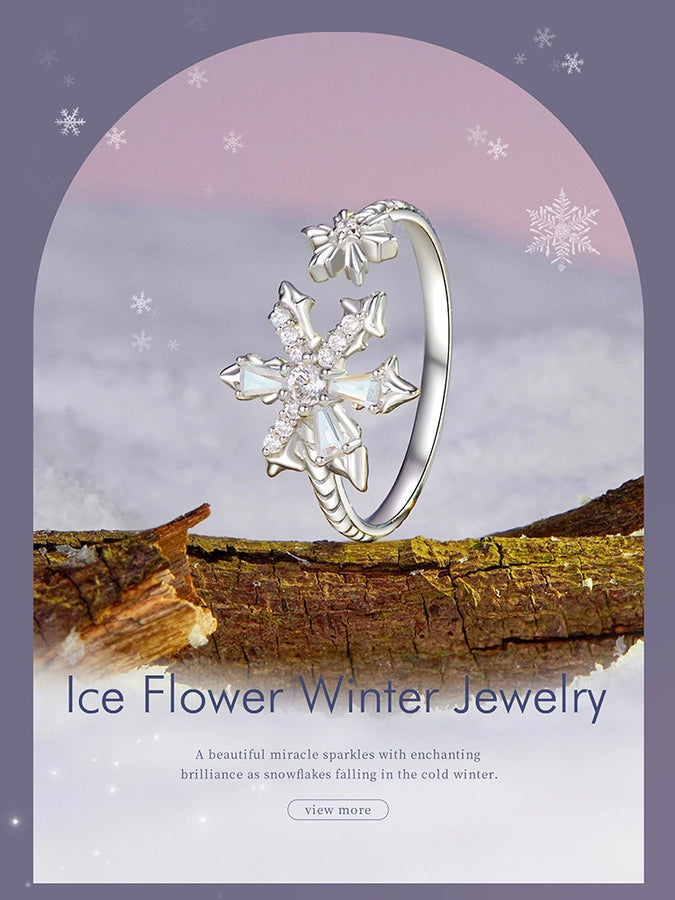 White Gold Plated 925 Sterling Silver Glass Zircon Snowflake Rings