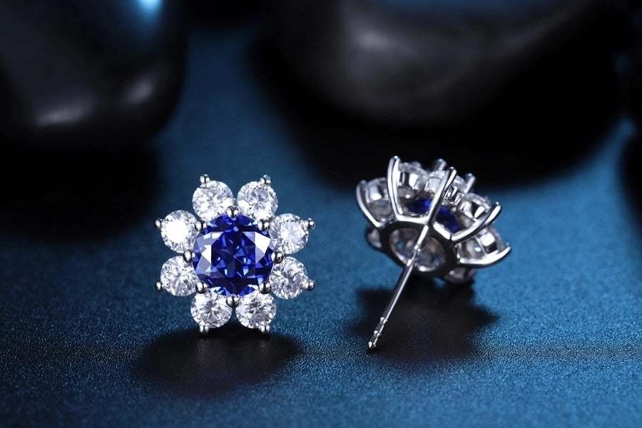 1 Pair 925 Sterling Silver Cultivate Gem Sapphire ZWJC