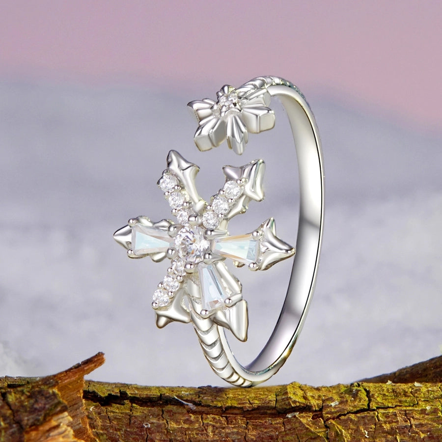 White Gold Plated 925 Sterling Silver Glass Zircon Snowflake Rings